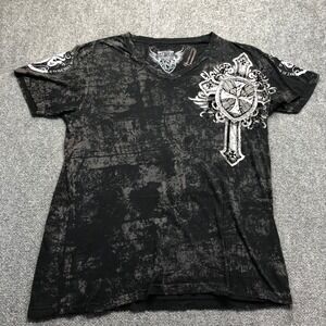 Raw State Premium Mens XL Black V-Neck Graphic T-Shirt Cross Wings Salvation Y2K
